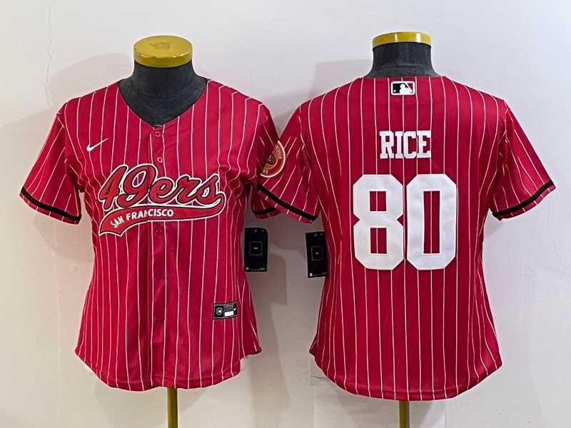 Womens San Francisco 49ers #80 Jerry Rice Red Pinstripe With Patch Cool Base Stitched Baseball Jersey->women nfl jersey->Women Jersey